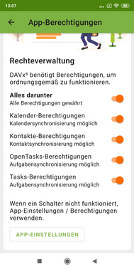 App-Berechtigungen, alle Berechtigungen sind erteilt