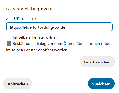 Geöffnetes Menü zur Eingabe der Ziel-URL. Die Option 'Bestätigungsdialog vor dem Öffnen überspringen' ist aktiviert.