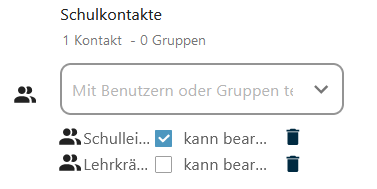 Teilen-Einstellungen des neu erstellten Schulkalenders. Zu sehen sind ist die Gruppe Lehrkräfte ohne Haken und die Gruppe Schulleitung mit Haken bei kann bearbeiten.