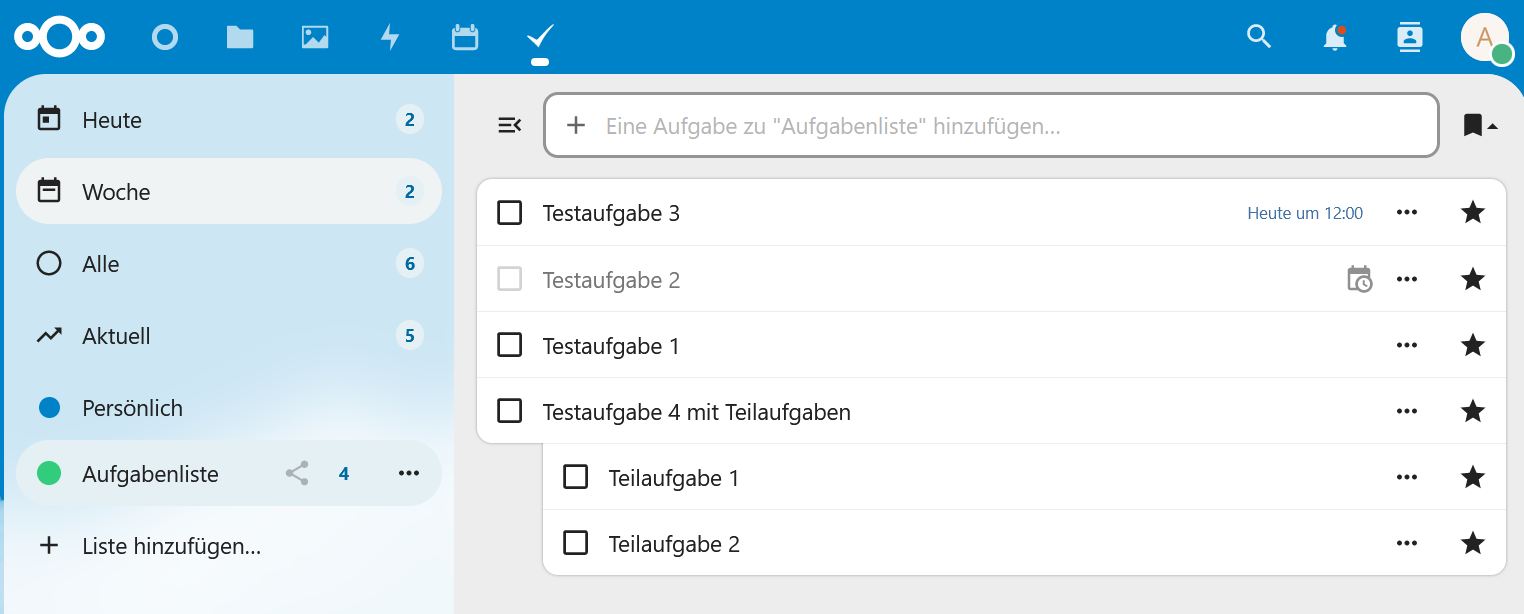 Ansicht der erstellten Aufgaben und Teilaufgaben