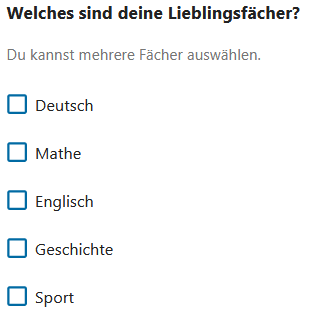 Frage Welches sind deine Lieblingsfächer mit verschiedenen Fächern zur Auswahl.