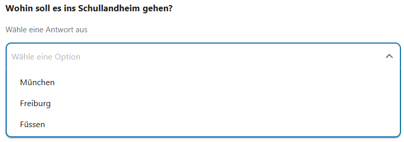 Frage Wohin solle es ins Schullandheim gehen mit verschiedenen Antwortoptionen.