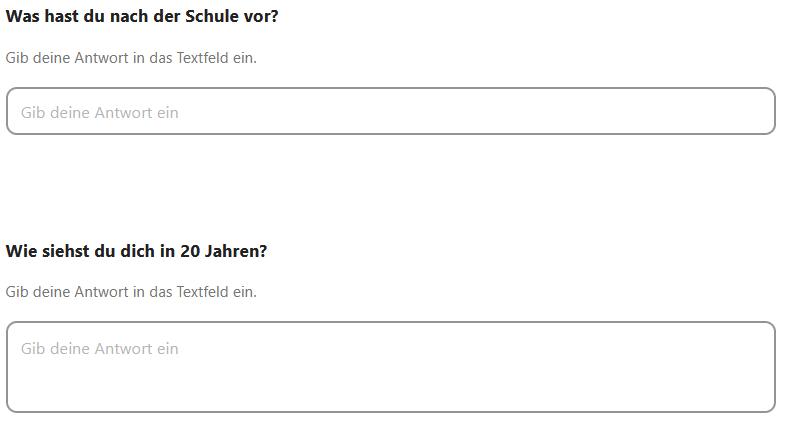 Zu sehen sind zwei Fragen mit einem langen und einem kurzen Antwortfeld.