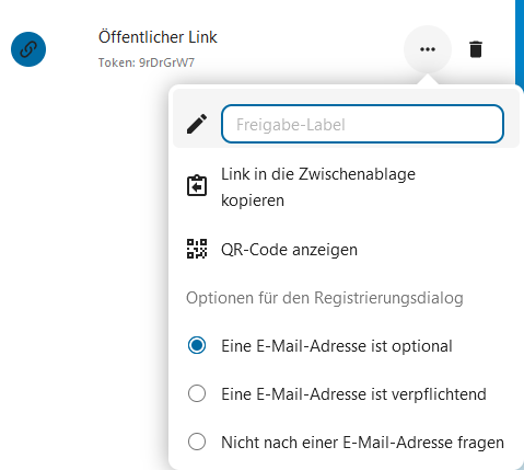 Geöffnetes Kontextmenüs des erzeugten öffentlichen Links.