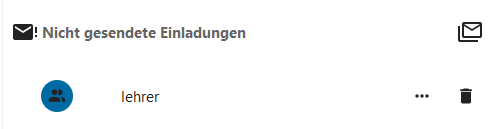 Die Gruppe Lehrer wurde zum Teilen ausgewählt. Über der Gruppe erscheint der Hinweis 'Nicht gesendete Einladungen', daneben ist ein Symbol eines Briefumschlags.