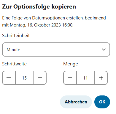 Geöffnetes Menü zum Erstellen einer Folge von Datumsoptionen.