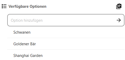 Ansicht der verfügbaren Optionen mit den Namen drei verschiedener Gasthöfe