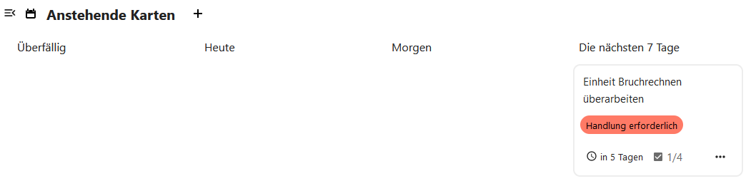 Die erstellte Karte erscheint unter Anstehenden Karten in der Spalte Die nächsten 7 Tage