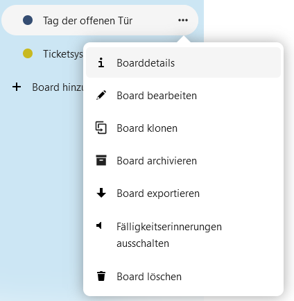 Zu sehen ist das Menü des Boards Tag der offenen Tür.