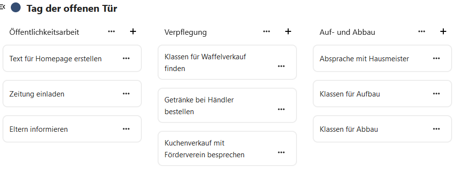 Das Board Tag der offenen Tür mit Listen und einigen Karten als Beispiele für verschiedene Aufgaben.