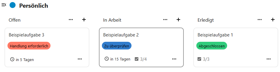 Ein Board mit den Spalten Offen, In Arbeit und Erledigt und einige Karten als Beispiel.