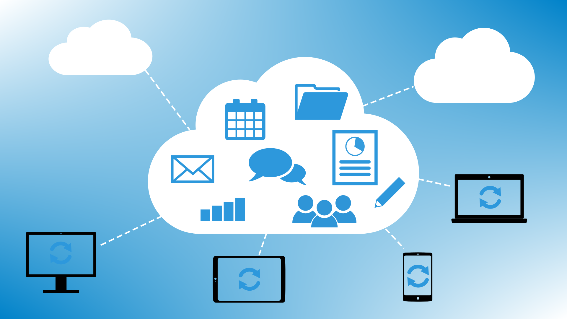 Wolke mit Symbolen (Ordner, Dokument, Kalender, Sprechblasen, Mail), die die Nextcloudfunktionen darstellen. Mit der Wolke sind ein Laptop, ein Tablet und ein Smartphone verbunden.