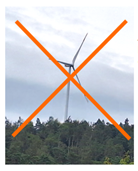 Bildinhalt: Zu sehen ist ein naturbelassener Wald mit einem Windrad am Horizont – das gesamte Bild ist durchgestrichen.