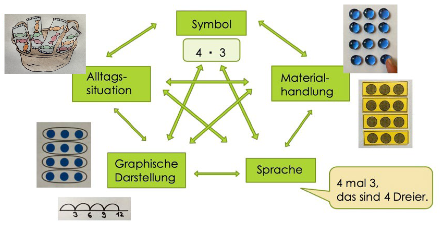 Die Abbildung zur Veranschaulichung der Multiplikation. In der Mitte steht das Symbol 4 mathematisches Zeichen für Multiplikation 3. Oben links: Eine Alltagssituation mit gezeichneten Süßigkeitentüten in einem Korb. Oben rechts: Eine Materialhandlung mit blauen Steinen, die in einem 3x4-Raster angeordnet sind. Unten links: Eine grafische Darstellung mit blauen Punkten in vier ovalen Gruppen. Unten rechts: Ein Textfeld mit der Aufschrift 4 mal 3, das sind 4 Dreier. Pfeile verbinden die verschiedenen Darstellungen miteinander und mit dem zentralen Symbol. Die  Abbildung zeigt die Beziehungen zwischen Alltagssituationen, Materialhandlungen, grafischen Darstellungen, Symbolen und Sprache in Bezug auf die Multiplikation.