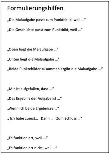 Zum Arbeitsauftrag passende Formulierungshilfen sind untereinander aufgeführt.