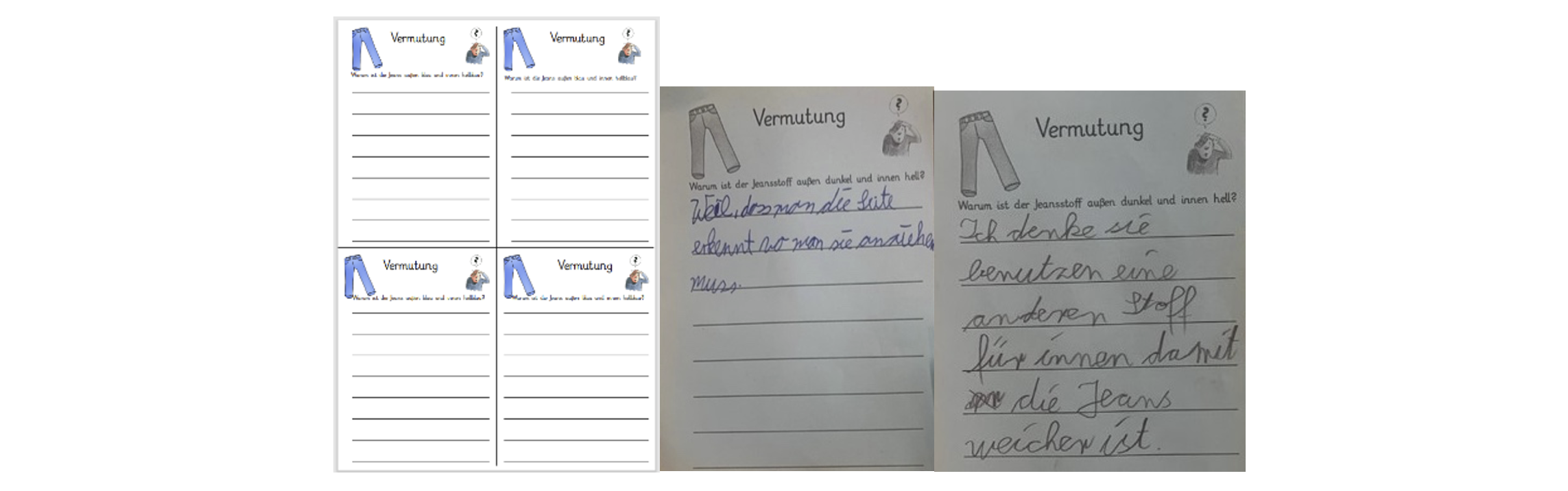 Schülerinnen und Schüler notieren ihre Vermutungen zur unterschiedlichen Farbwirkung einer Jeans