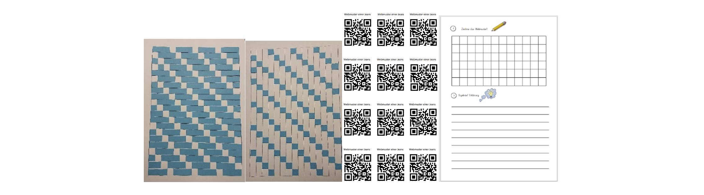 Schülerinnen und Schüler weben das Muster einer Jeans mit Papierstreifen