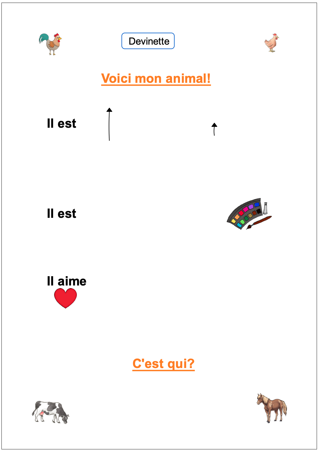 Einfaches Arbeitsblatt mit kleinen Symbolen wie Huhn, Kuh und Farbpallete. Diese sollen erklärt werden.