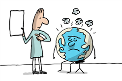 Eine Zeichnung zeigt eine Person, die ein Klemmbrett hält und auf das Klemmbrett zeigt. Der Planet sitzt auf einem Stuhl, sieht erschöpft aus