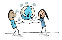 Eine Zeichnung zeigt zwei Personen, die den Planeten Erde halten. Der Planet sieht besorgt aus