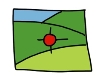 Einfache Zeichnung einer Landschaft mit blauem Himmel, drei grünen Hügeln und einer Art Fadenkreuz, ein roter Kreis mit vier schwarzen, kurzen Strichen nach oben, unten, rechts und links direkt in der Mitte des Bildes.