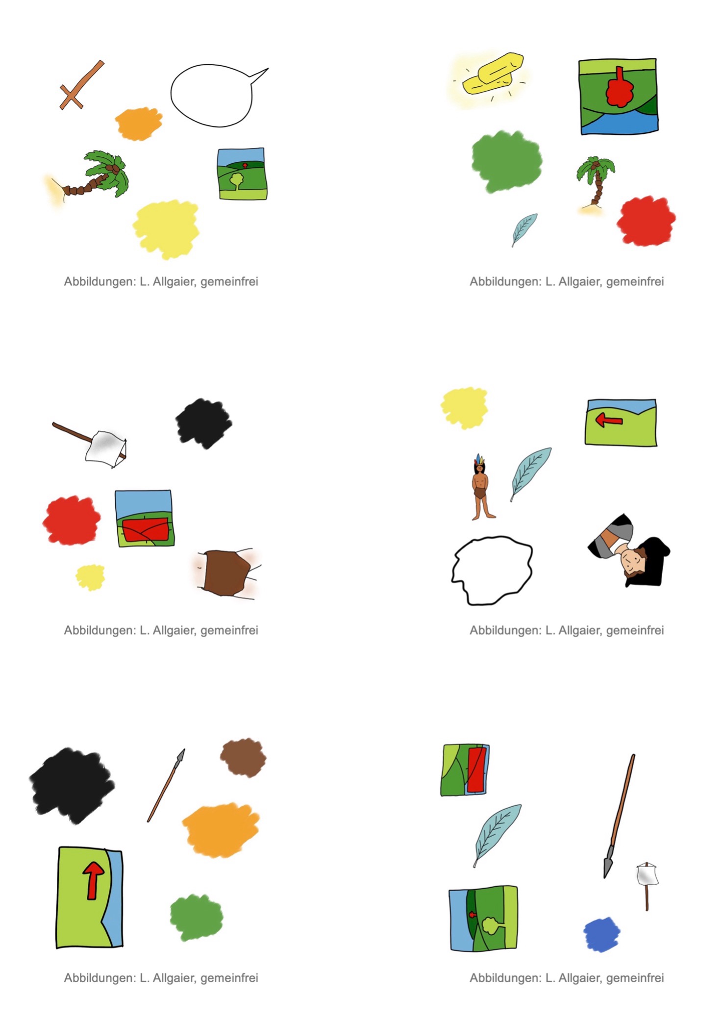 Die Abbildung zeigt sechs Spielkarten mit jeweils sechs Symbolen.
Auf der Karte oben links sind folgende Symbole zu sehen: orangener Farbklecks, gelber Farbklecks, Kreuz, Palme, Sprechblase, Landschaftsbild mit rot markiertem Baum im Hintergrund.
Auf der Karte oben rechts sind folgende Symbole zu sehen: Goldbarren, Feder, grüner Farbklecks, roter Farbklecks, Palme, Landschaftsbild mit rot markiertem Baum im Vordergrund.
Auf der Karte in der Mitte links sind folgende Symbole zu sehen: gelber Farbklecks, roter Farbklecks, schwarzer Farbklecks, Banner, Landschaftsbild mit Markierung der unteren Hälfte, Lendenschurz.
Auf der Karte in der Mitte rechts sind folgende Symbole zu sehen: gelber Farbklecks, weißer Farbklecks, Landschaftsbild mit Pfeil nach links, Feder, indigene Person, Kolumbus.
Auf der Karte unten links sind folgende Symbole zu sehen: Lanze, brauner Farbklecks, schwarzer Farbklecks, orangener Farbklecks, grüner Farbklecks, Landschaftsbild mit rotem Pfeil nach links.
Auf der Karte unten rechts sind folgende Symbole zu sehen: Lanze, Feder, blauer Farbklecks, Banner, Landschaftsbild mit Markierung der oberen Bildhälfte, Landschaftsbild mit rot markiertem Baum im Hintergrund.