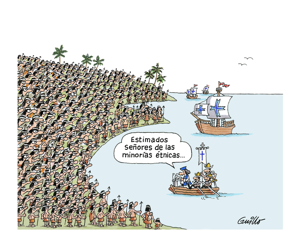 Es handelt sich um eine Karikatur, auf der rechts das Meer mit drei Schiffen und einem Landungsboot zu sehen ist, links eine Landmasse mit sehr vielen indigenen Personen. Vermutlich stellt es die Ankunftsszene von Kolumbus in Amerika dar. Eine Person im Landungsboot, vermutlich Kolumbus, spricht an einem Rednerpult. In der Sprechblase ist auf Spanisch zu lesen: Sehr geehrte Herren der ethnischen Minderheiten…