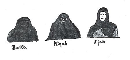 Handzeichung von drei Verschleierungsarten Burka, Niqab und Hijab