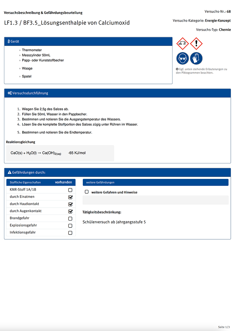 GBU: Lösungsenthalpie von Calciumoxid, Versuchsbeschreibung und Gefährdungsbeurteilung