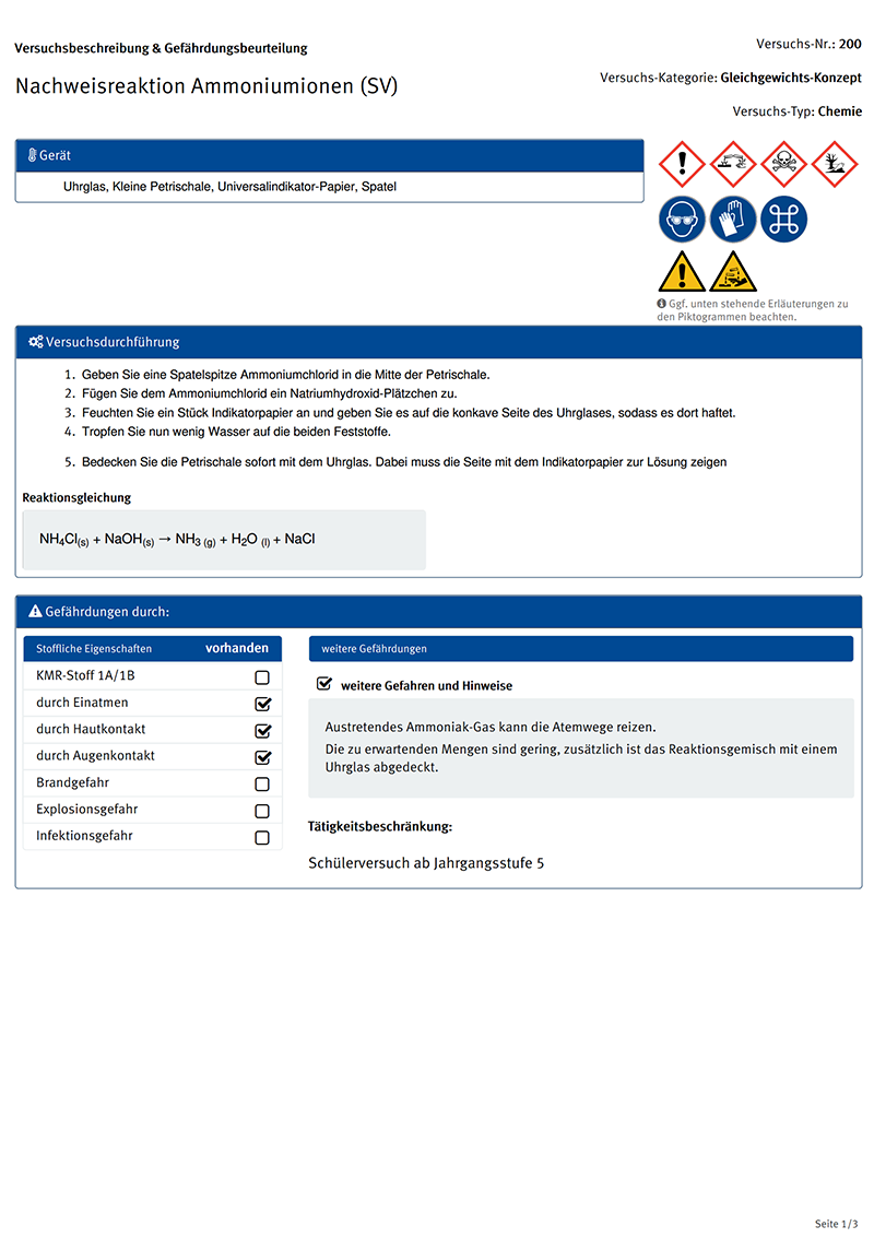 GBU: Nachweisreaktion Ammoniumionen (SV), Versuchsbeschreibung und Gefährdungsbeurteilung