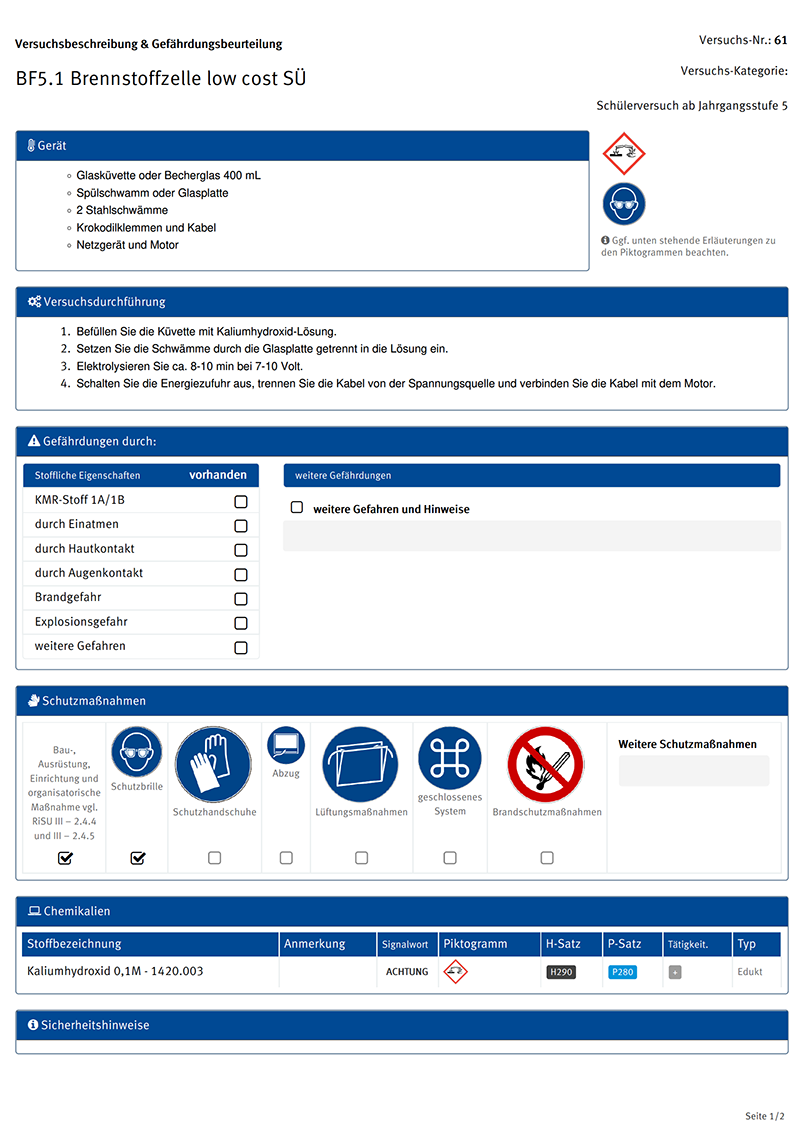 Brennstoffzelle low cost SÜ, Versuchsbeschreibung & Gefährdungsbeurteilung