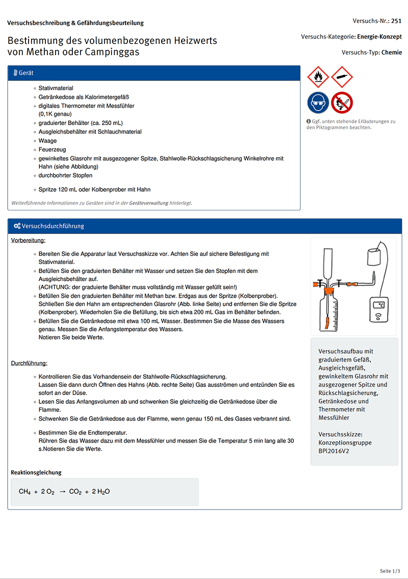 Versuchsbeschreibung & Gefährdungsbeurteilung, Bestimmung des volumenbezogenen Heizwerts
von Methan oder Campinggas