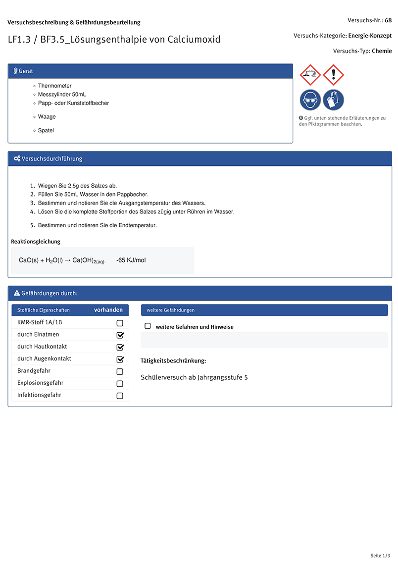 Lösungsenthalpie von Calciumoxid, Versuchsbeschreibung & Gefährdungsbeurteilung