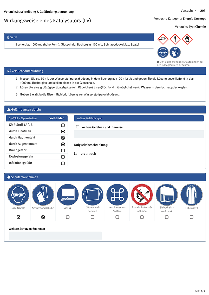 Versuchsbeschreibung und Gefährdungsbeurteilung
Wirkungsweise eines Katalysators (LV)