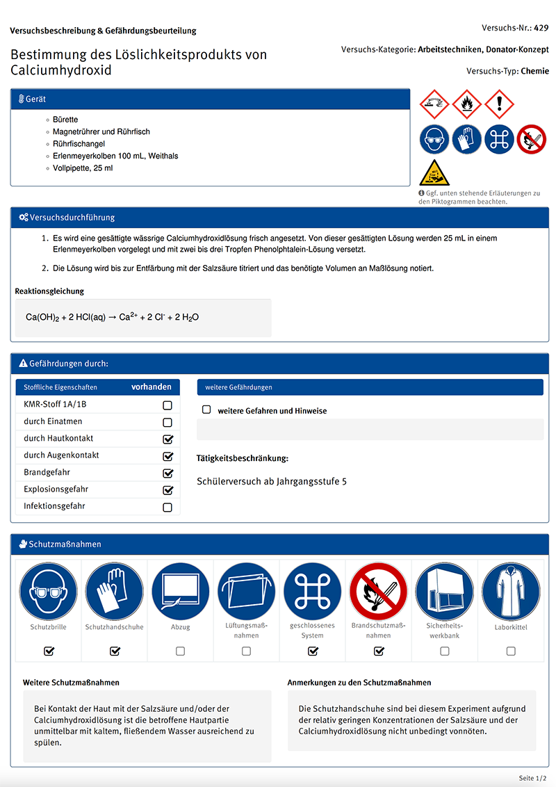 Versuchsbeschreibung und Gefährdungsbeurteilung
Bestimmung des Löslichkeitsprodukts von
Calciumhydroxid
