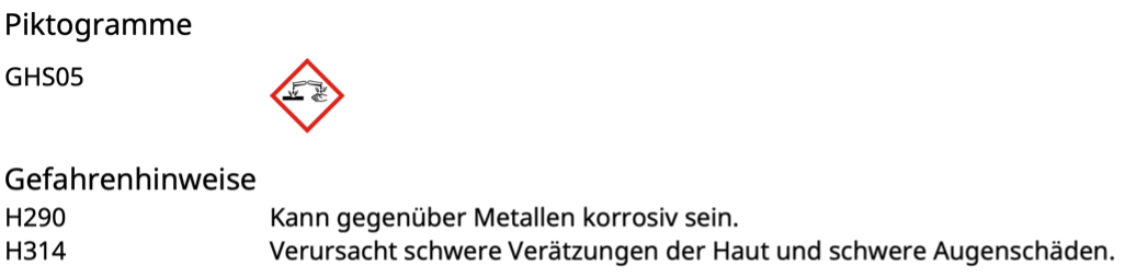 Piktogramme: GHS05 Gefahrensymbol Ätzwirkung. Gefahrenhinweise: H290, kann gegenüber Metallen korrosiv sein. H314, Verursacht schwere Verätzungen der Haut und schere Augenschäden