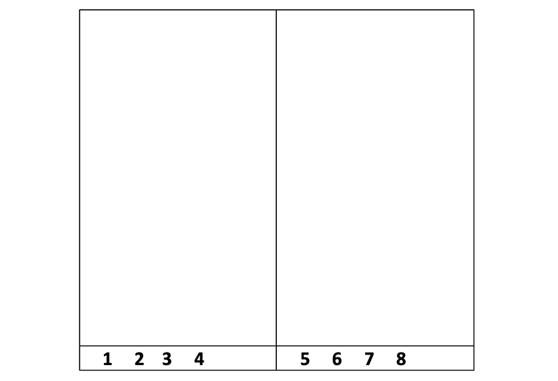Ein Bild zeigt eine Tabelle mit zwei Spalten und zwei Zeilen. Die erste Zeile ist deutlich höher als die zweite Zeile. In der ersten Spalte der zweiten Zeile stehen die Zahlen 1 bis 4, und in der zweiten Spalte stehen die Zahlen 5 bis 8. Die Zahlen sind im Abstand von etwa 0,5 cm voneinander platziert.