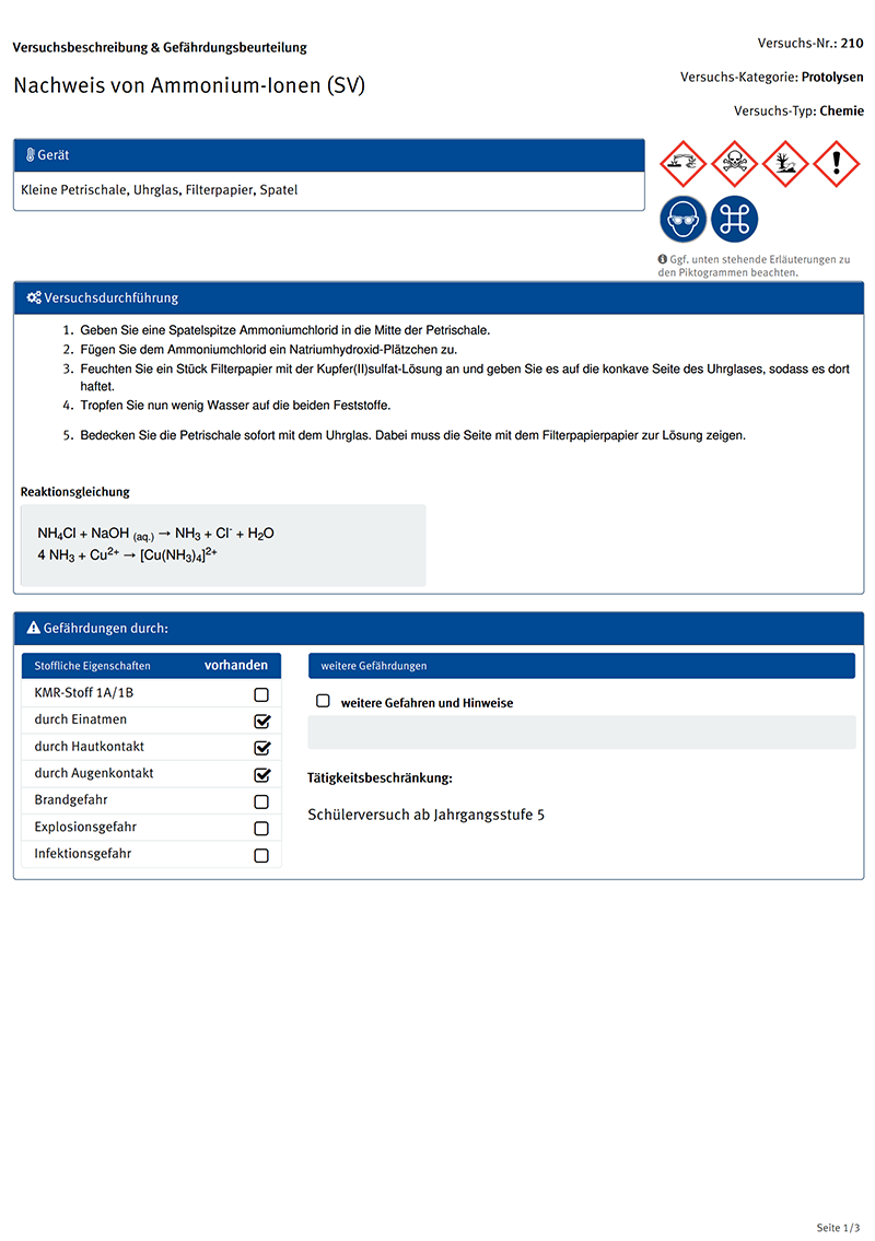 Versuchsbeschreibung und Gefährdungsbeurteilung,
Nachweis von Ammonium-Ionen (SV)