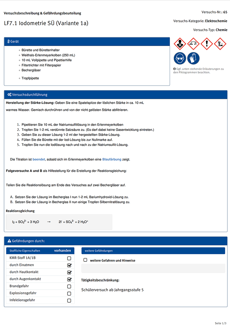 Versuchsbeschreibung und Gefährdungsbeurteilung
LF7.1 Iodometrie SÜ (Variante 1a)