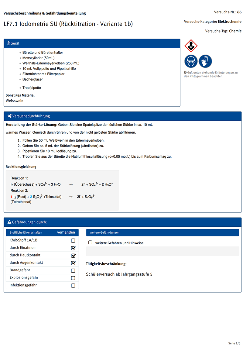 Versuchsbeschreibung und Gefährdungsbeurteilung
LF7.1 Iodometrie SÜ (Rücktitration - Variante 1b)