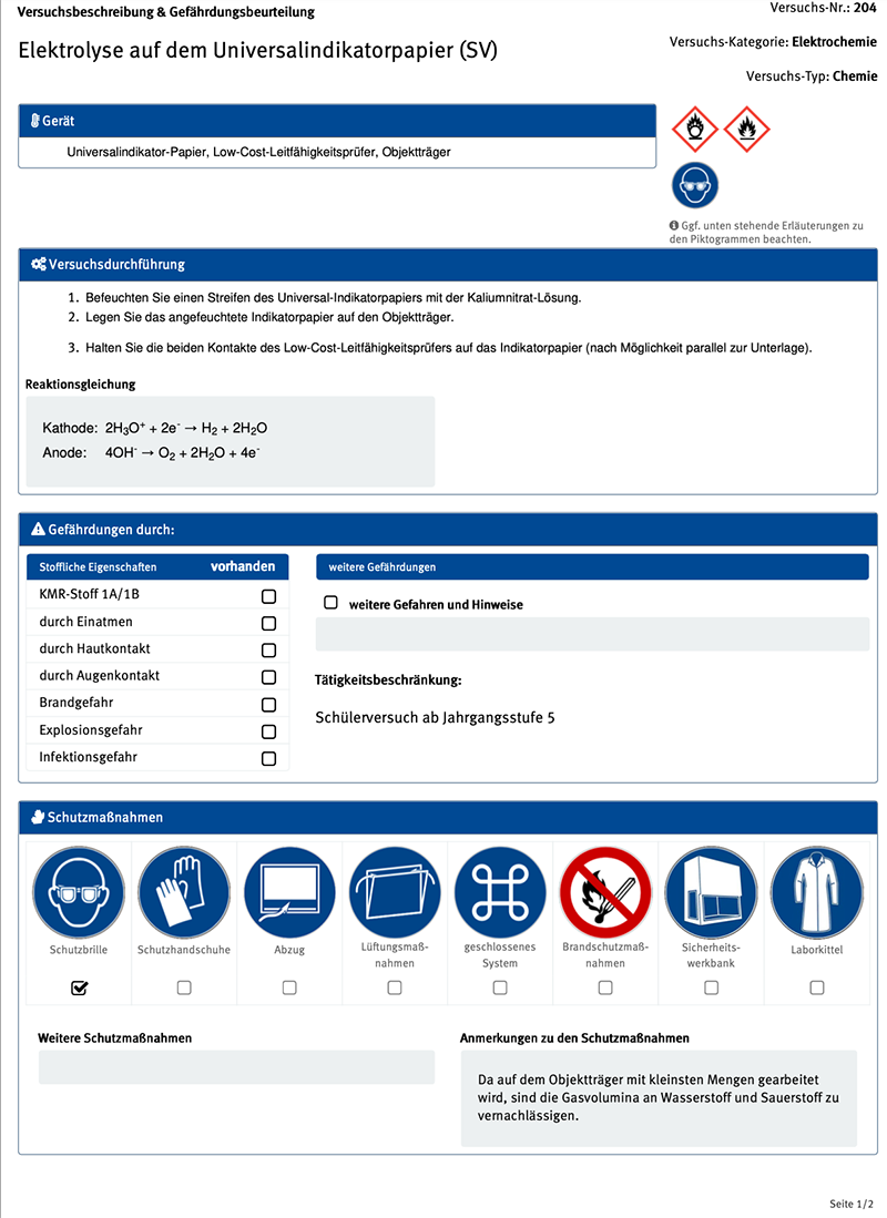 Versuchsbeschreibung und Gefährdungsbeurteilung
Elektrolyse auf dem Universalindikatorpapier (SV)