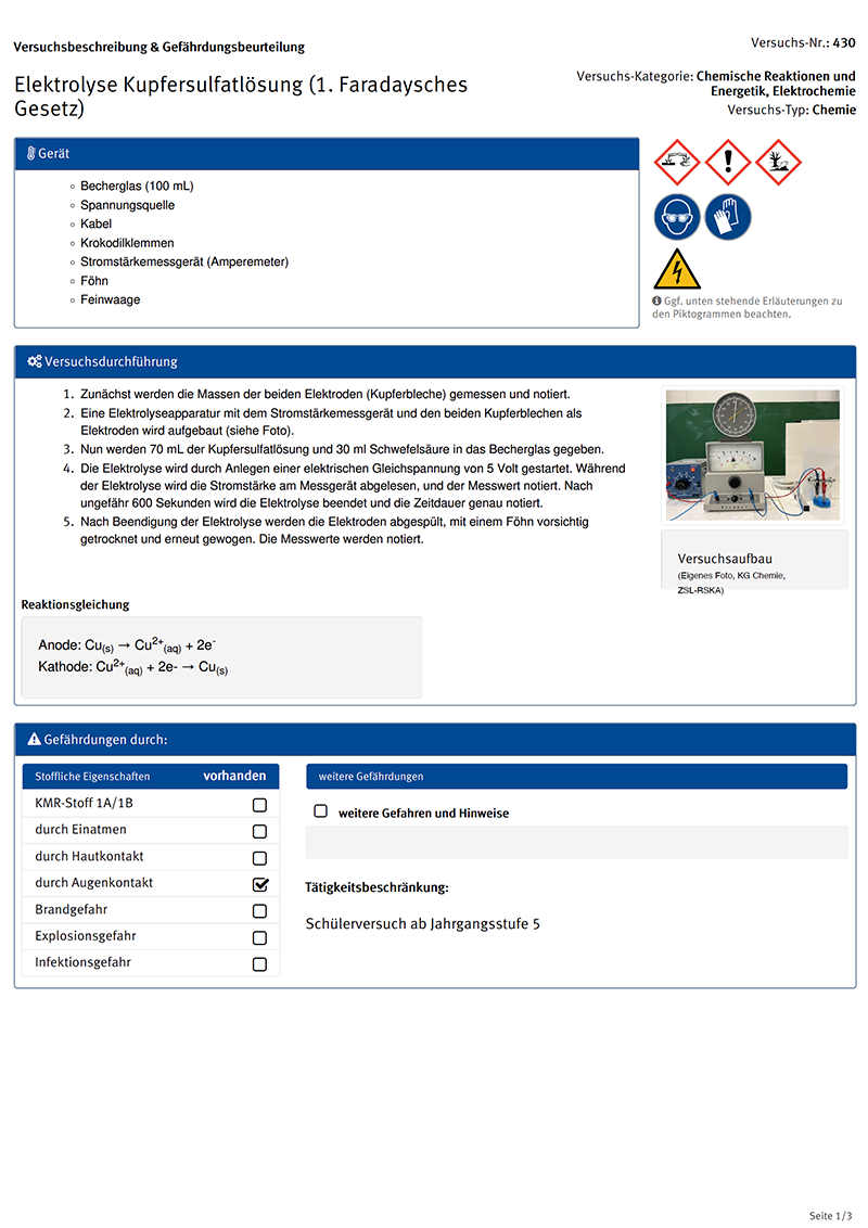 Versuchsbeschreibung und Gefährdungsbeurteilung
Elektrolyse Kupfersulfatlösung (1. Faradaysches Gesetz)