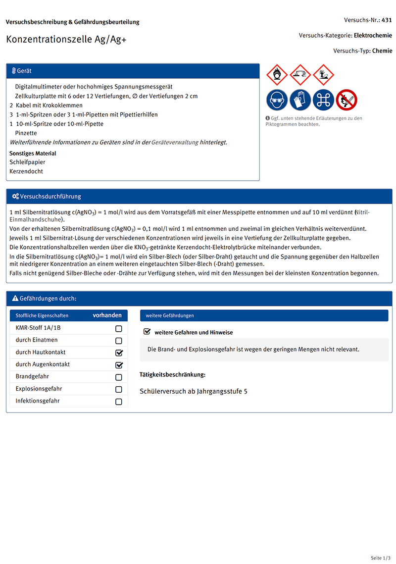 Versuchsbeschreibung und Gefährdungsbeurteilung Konzentrationszelle Ag/Ag+