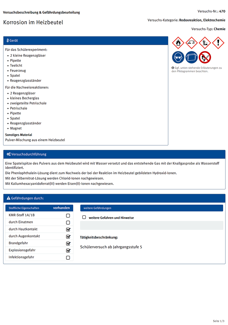 Versuchsbeschreibung und Gefährdungsbeurteilung
Korrosion im Heizbeutel