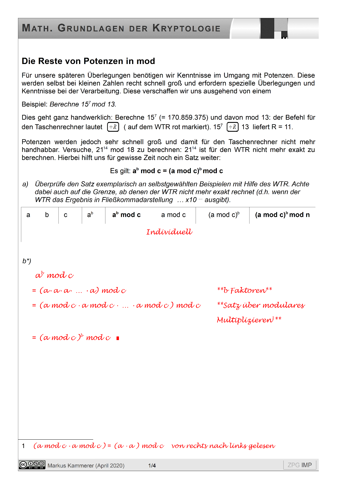 Modulares Potenzieren (Casio): Lösung, Seite 1