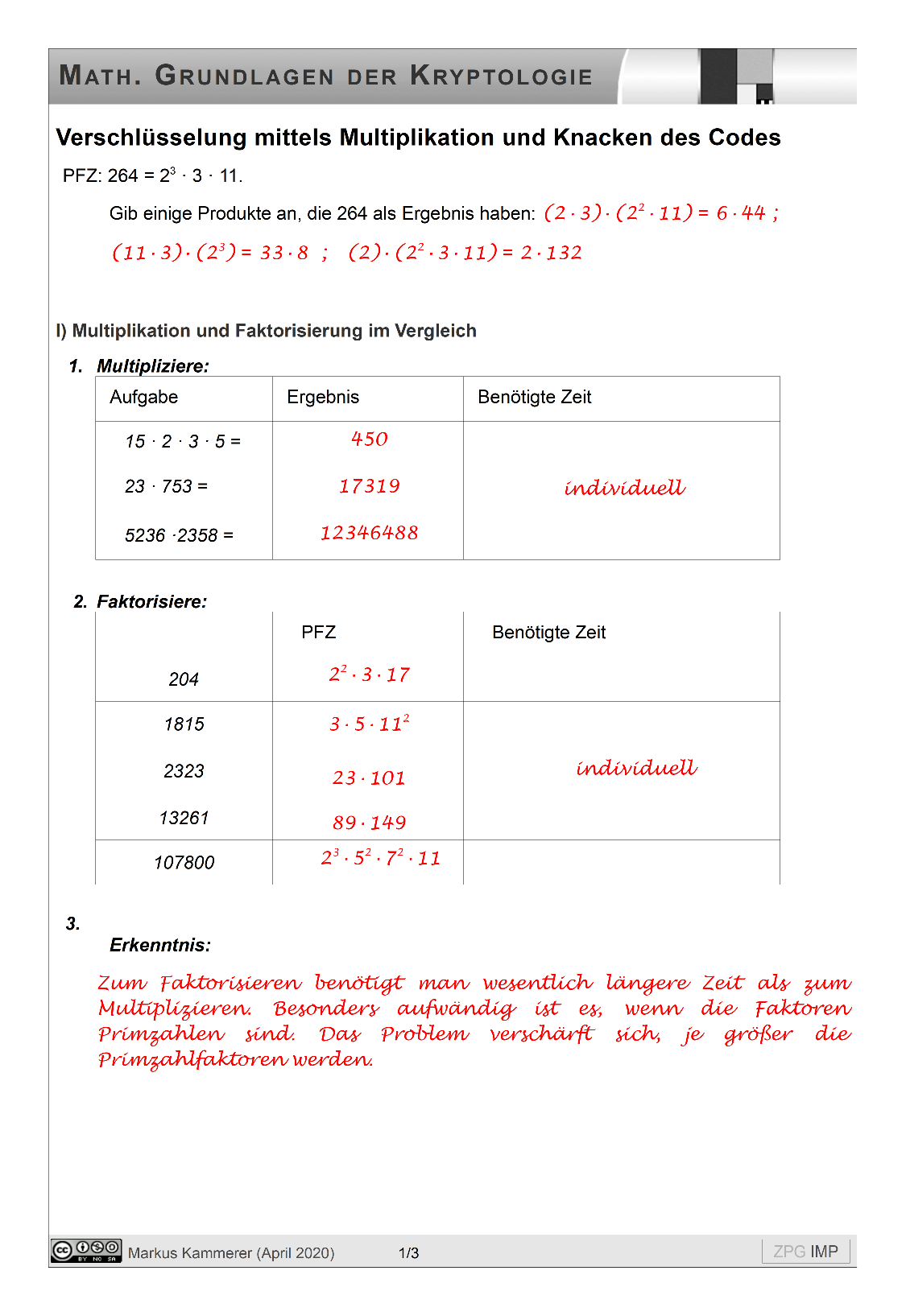 Verschlüsselung mittels modularer Multiplikation: Lösung, Seite 1