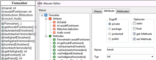 Zugriffsmodifizierer im UML-Klassen-Editor