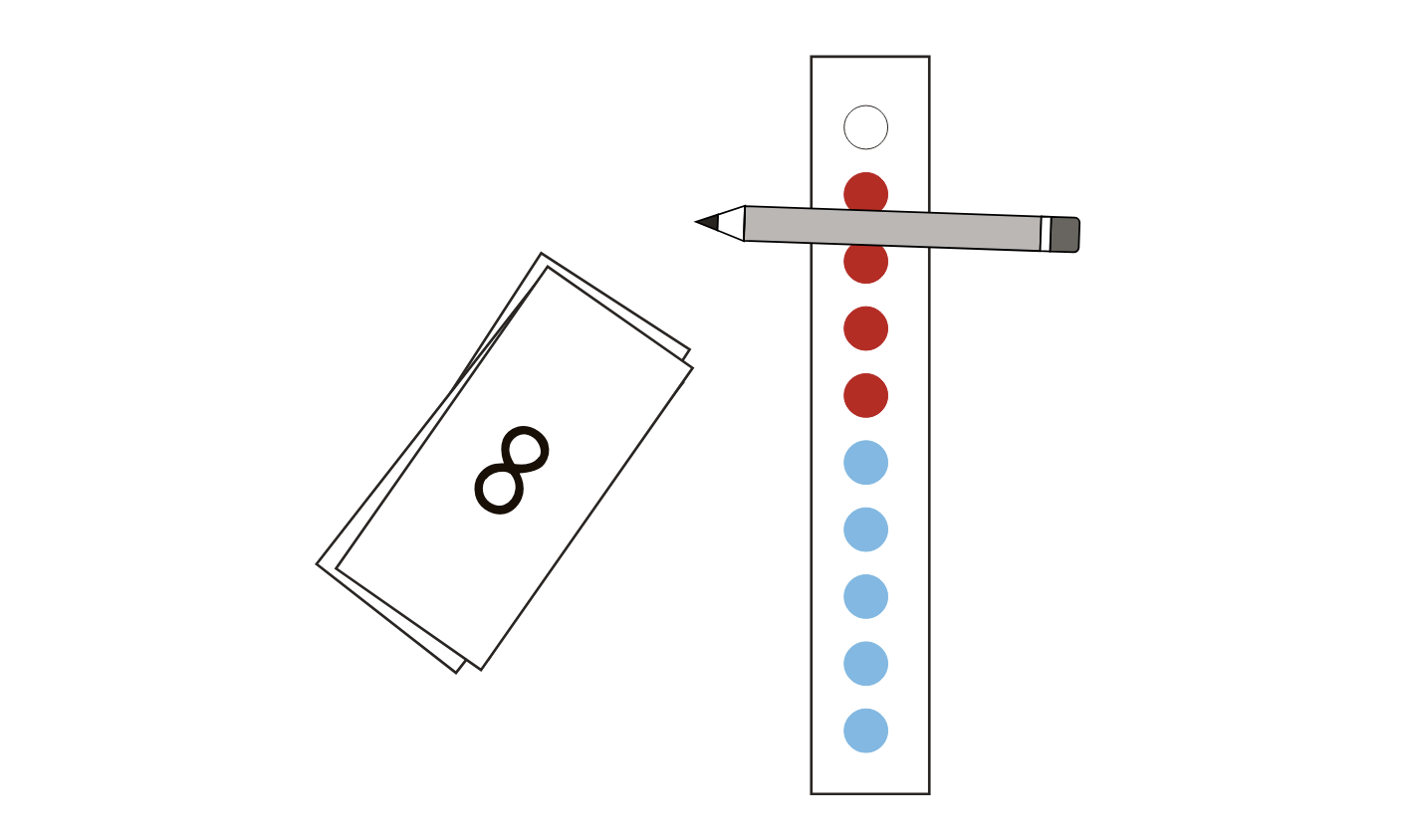 Karte mit der Zahl 8. Danebenein Punktestreifen mit 5 blauen, 4 roten und ein weißen Punkt