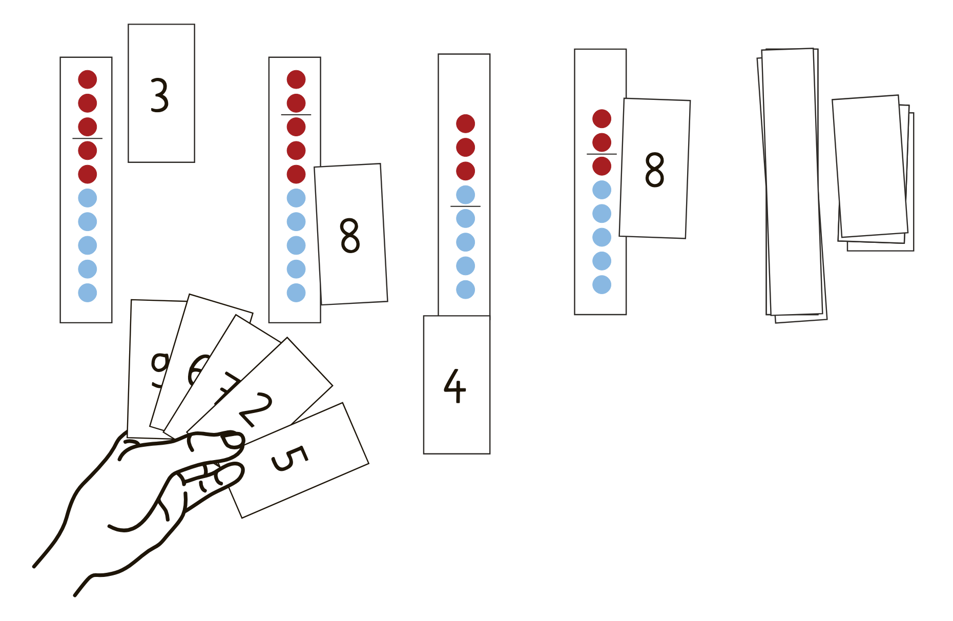 eine gezeichnet Hand hält mehrere Zahlkarten offen fest und davor liegen Punkte und weitere Zahllkarten auf einer Fläche