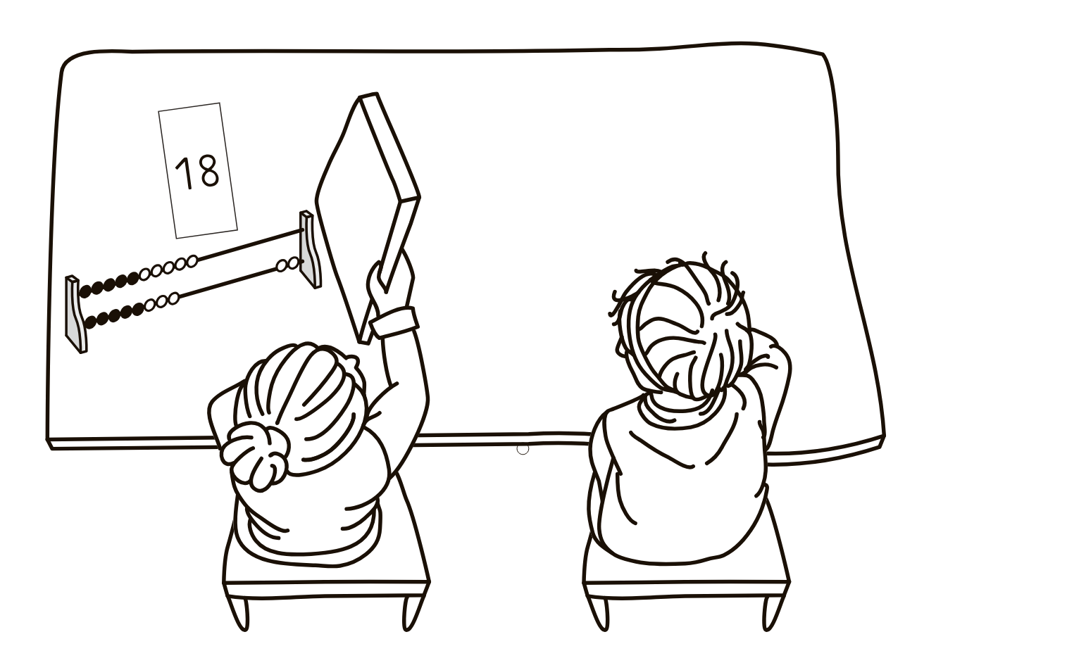 Abbildung zwei Kinder an einem Tisch.Darauf Rechenschieber, Zahlenkarte und Sichtschutz